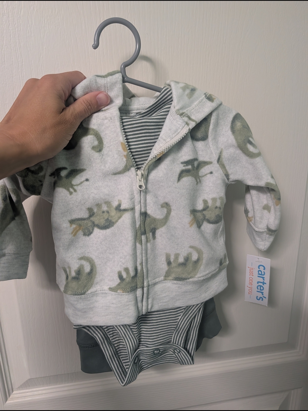 Carter's Light Gray Hoodie & Striped Bodysuit Set with Green Dino Print